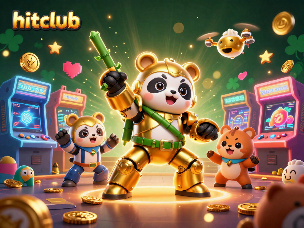 Hitclub showcases a thrilling casino battle scene with a mech-suit panda amidst vibrant gaming elements.
