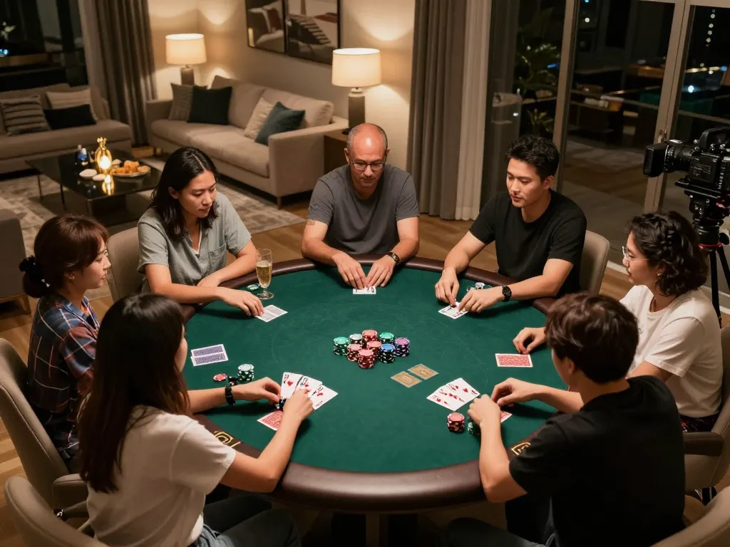 Engaged friends playing poker at home, showcasing strategy and camaraderie while using badak178