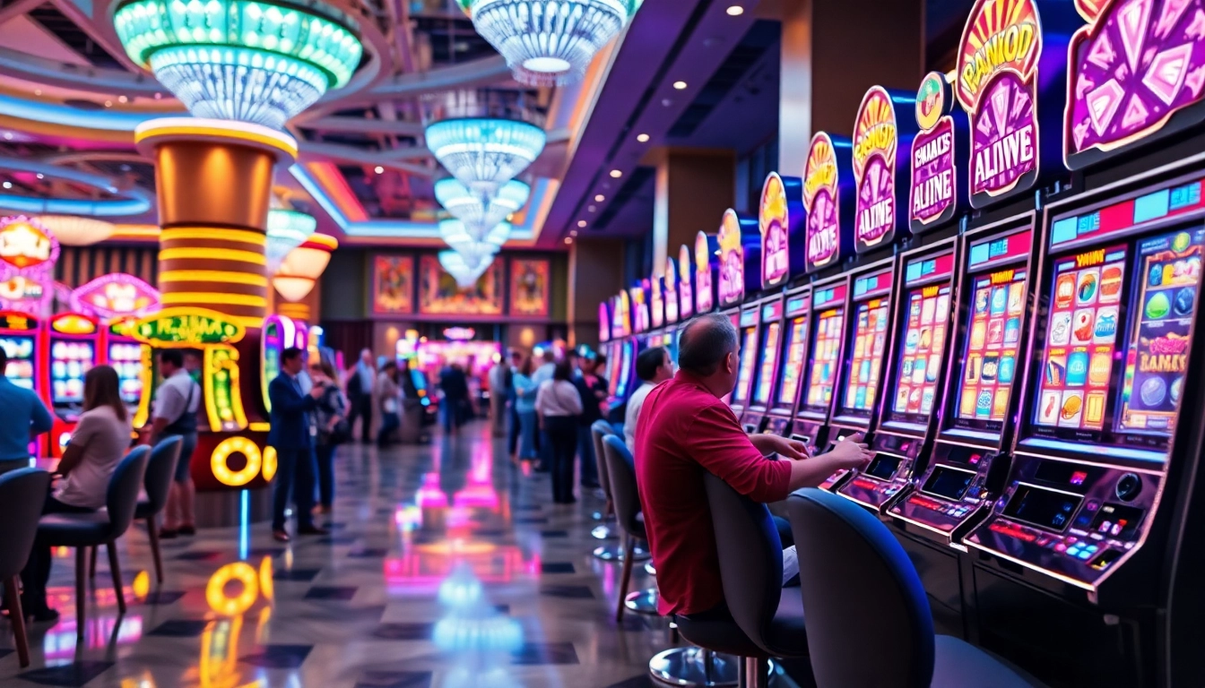 Slot gampang menang pada mesin slot yang menarik dengan warna cerah dan suasana kasino yang meriah.