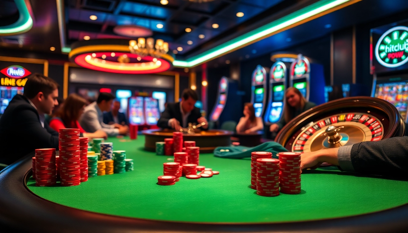 Exciting poker game at a luxury casino featuring hitclub-themed decor and vibrant poker chips.