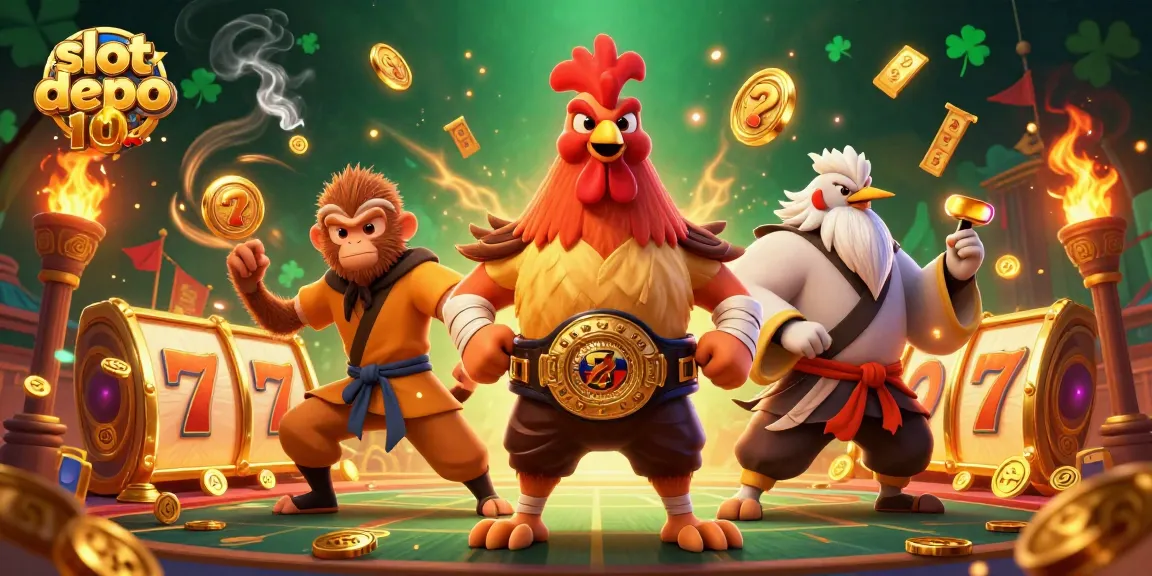 Experience thrilling action in slot depo 10k with a dynamic cartoon scene featuring a fierce Muay Thai rooster and Shaolin monkey amidst golden reels and coins.