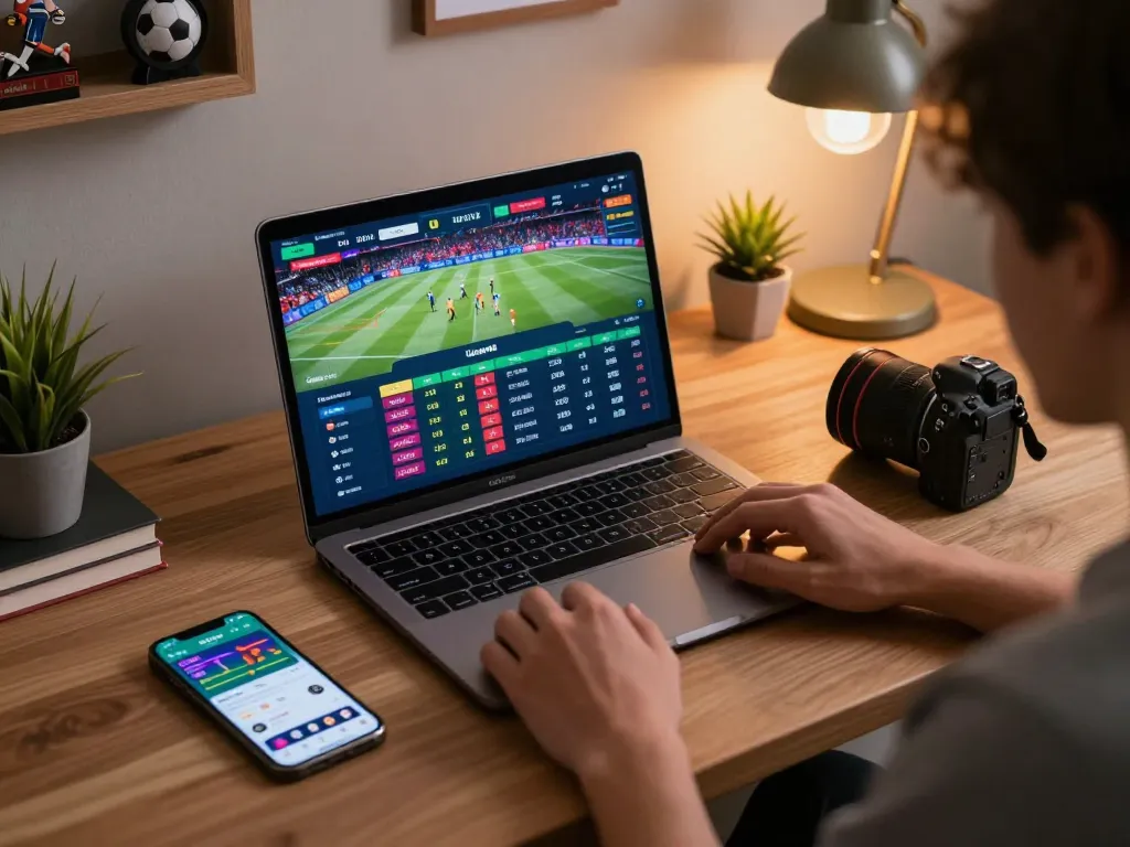 Engaged user betting on 789F online sports events from a tidy desk setup, showcasing live odds streaming.