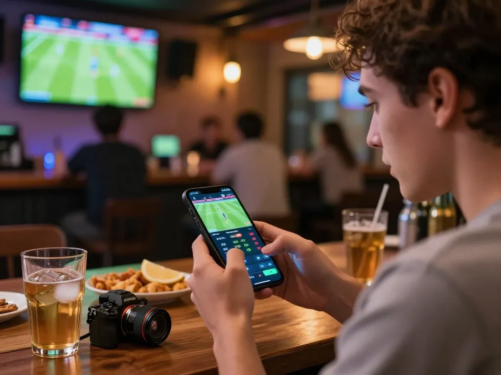 Engaged user analyzing keonhacai sports betting odds on smartphone in lively sports bar setting