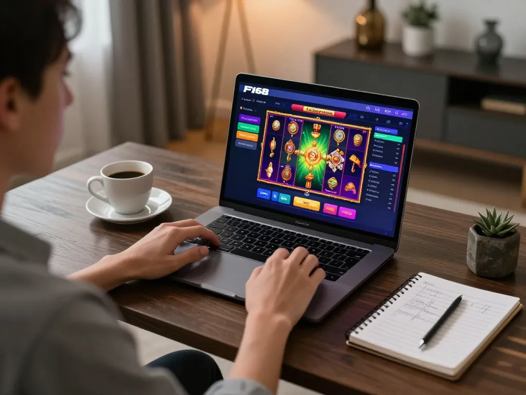 Player engaging with F168 online casino interface in modern home setup, showcasing vibrant slots game and strategic notes