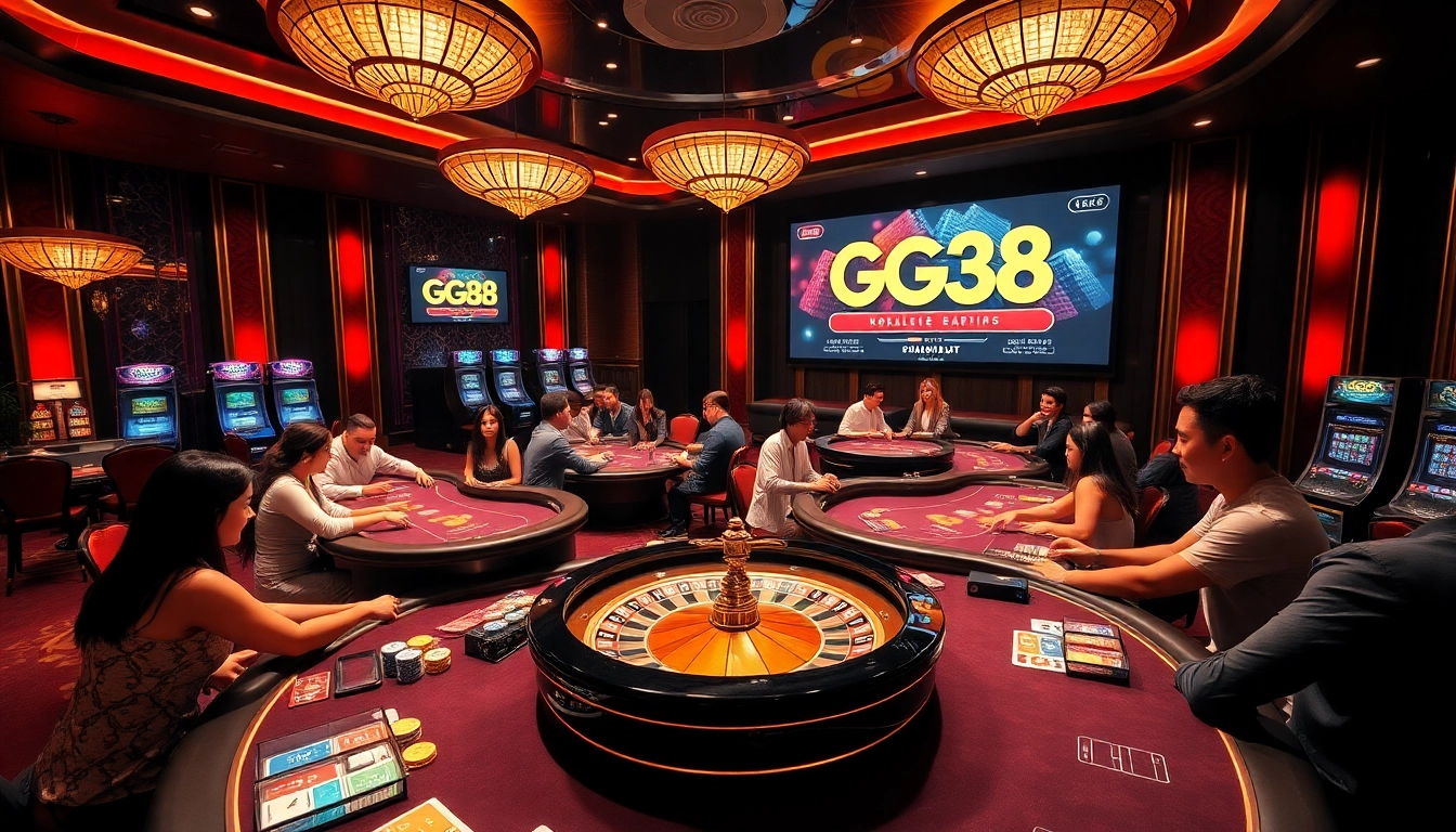 GG88 online gaming experience featuring excited gamblers at poker and roulette tables.