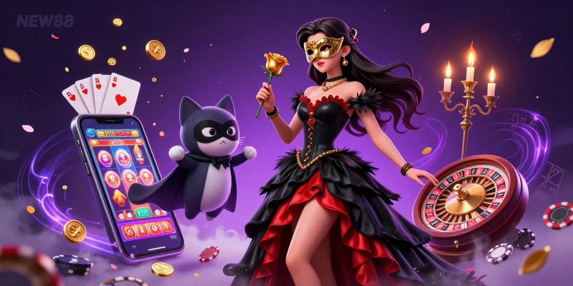 Experience the thrilling atmosphere of NEW88 with a vibrant 3D casino illustration showcasing exciting game elements.
