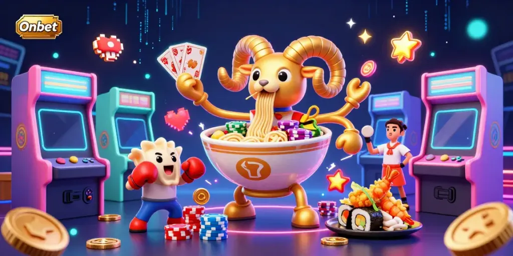 Engage with Onbet's vibrant casino world featuring a golden ramen bowl dealer and colorful machines.