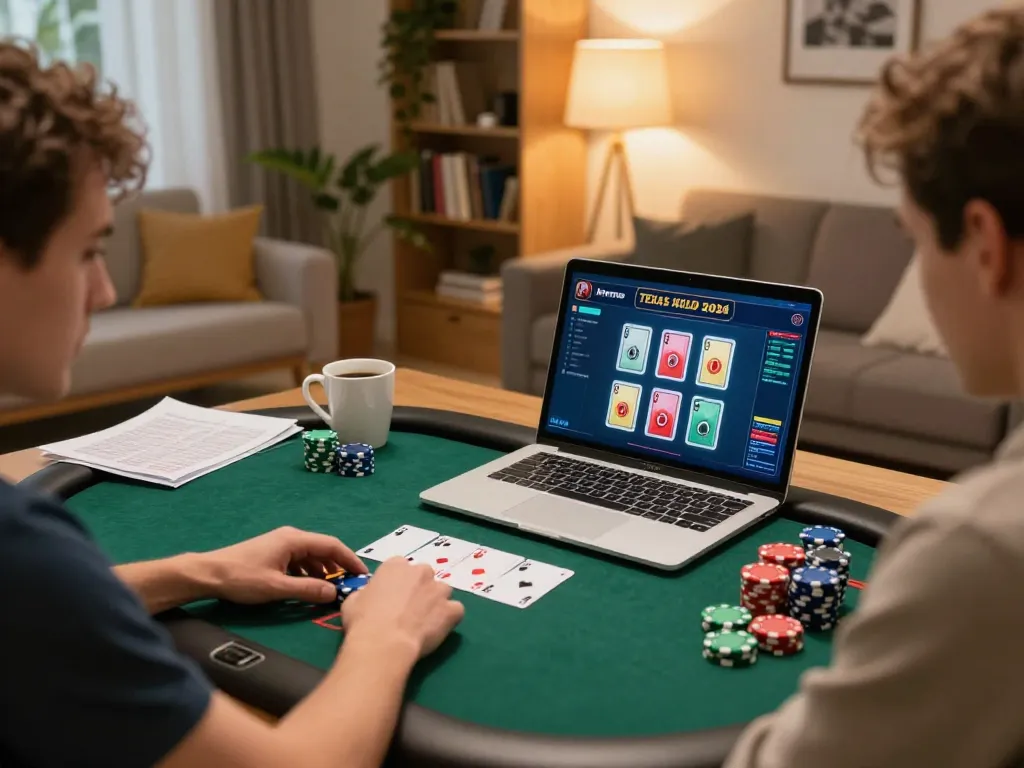 Engaging in online poker gameplay at home, player enjoying a strategic session with chips and laptop, reflecting dh88.
