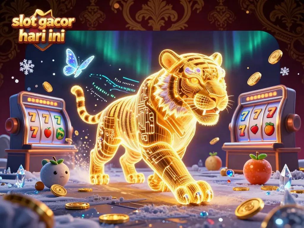 Slot gacor hari ini menunjukkan slot gulungan berkilau dan simbol buah di kasino digital.