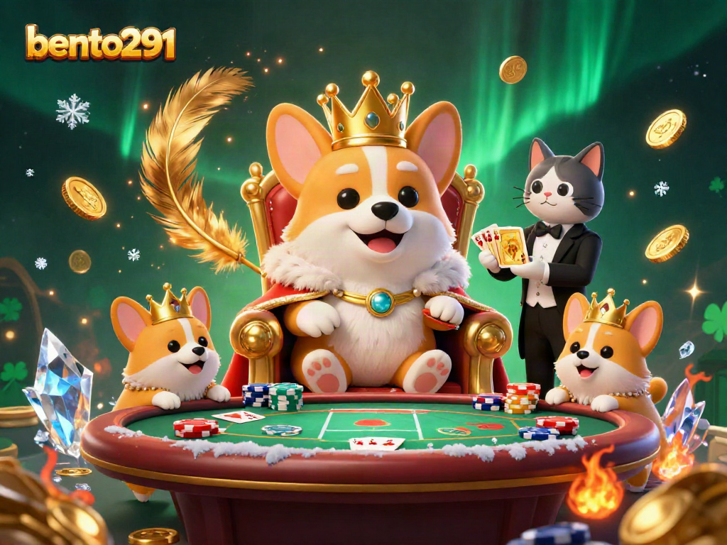 Bento291 showcases a royal corgi on a poker chip throne, surrounded by festive gambling elements.