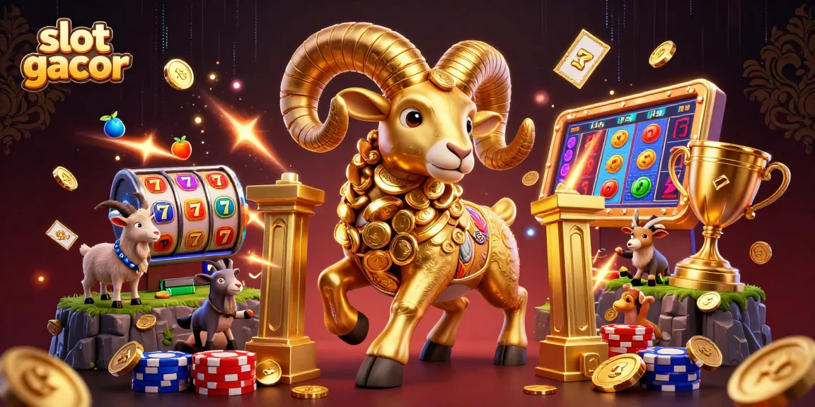 Engage with slot gacor through an energetic scene featuring a golden ram and lively casino symbols.