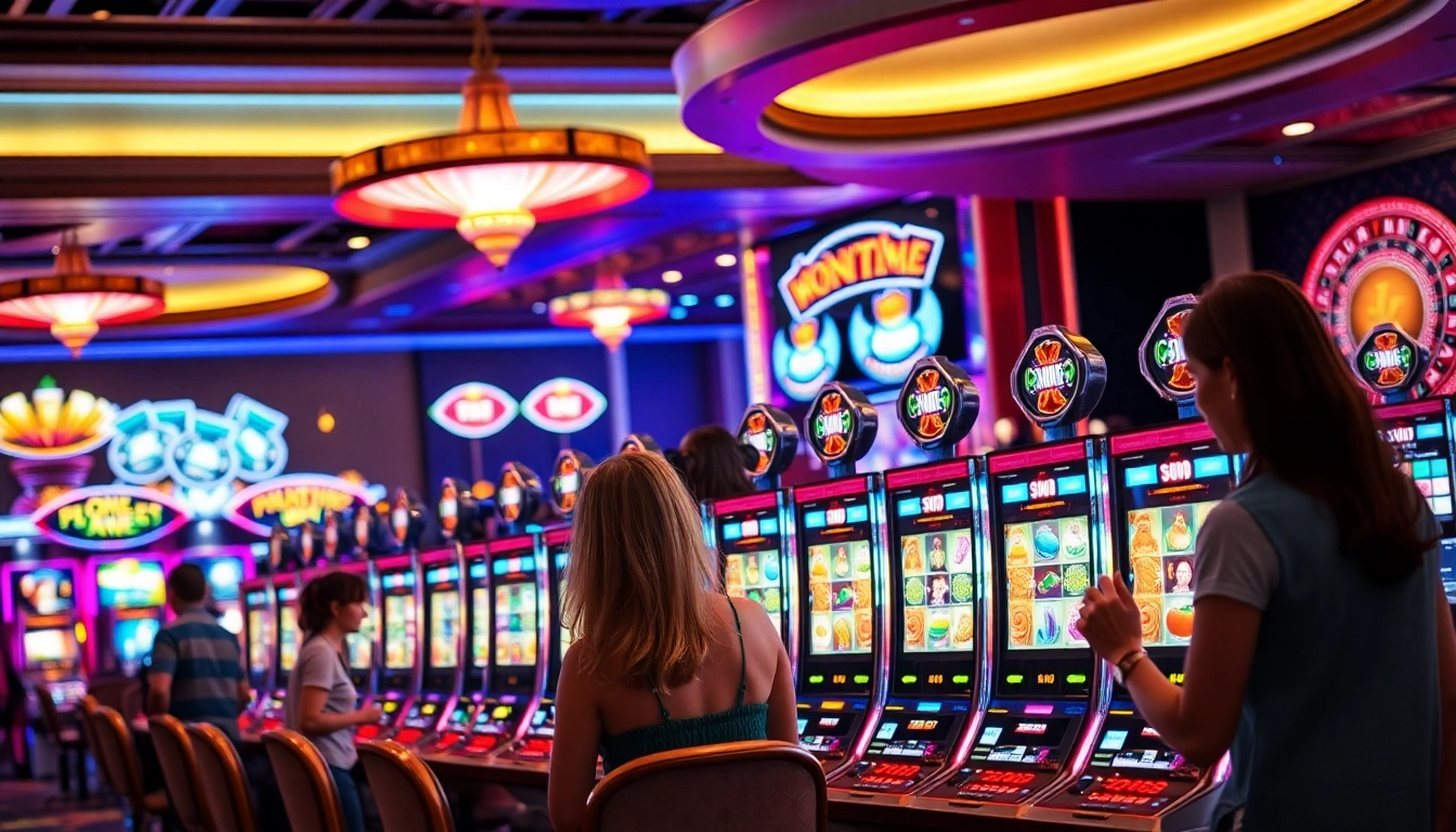 Players engaging with the slots777 machines in a colorful casino environment.