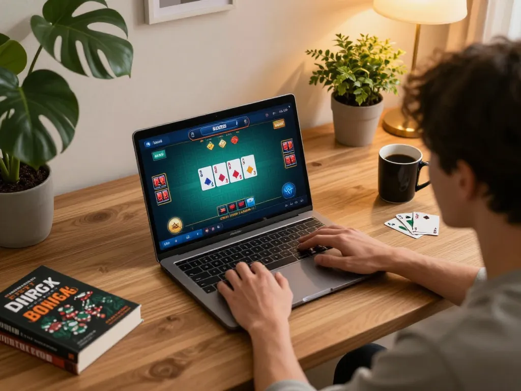 Engaged player exploring 98win trang chủ poker game on laptop at home