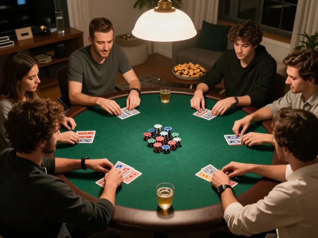 Engaging poker action at home showcasing non gamstop friendly gaming atmosphere with friends.