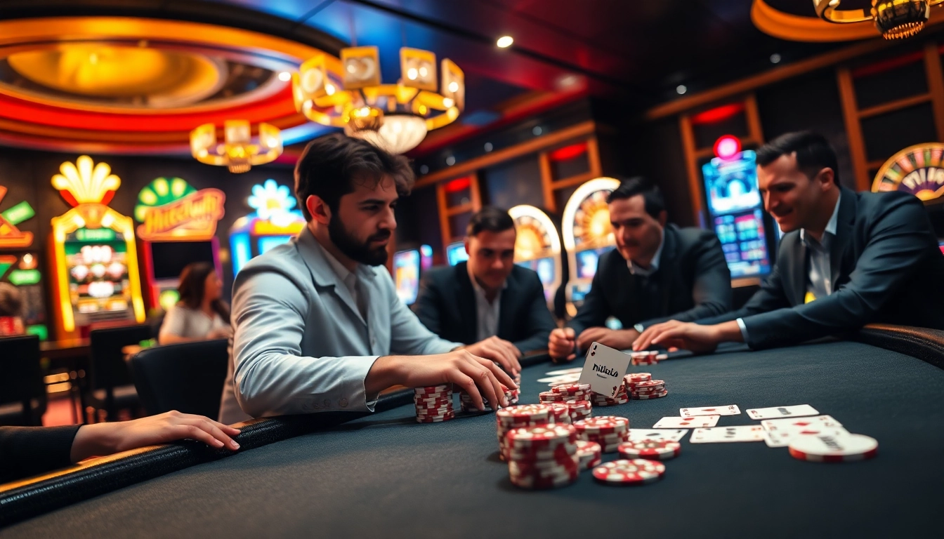 Players enjoying poker at Hitclub, with vibrant casino tables and engaging gaming atmosphere.