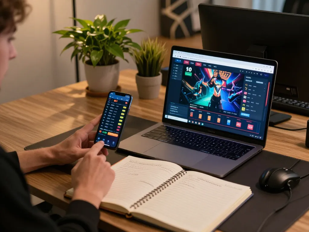 Engaged player exploring the trang chủ 68win site on a laptop in a cozy gaming setup