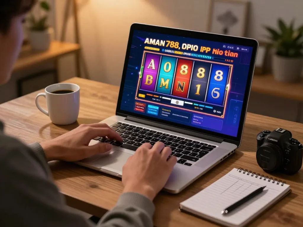 Bermain slot online AMAN788 di laptop dalam setting rumah yang nyaman dengan fokus pada strategi permainan.