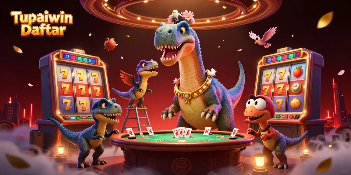 Play exciting games at Tupaiwin Daftar while the dinosaur hosts the action inside a vibrant casino scene.