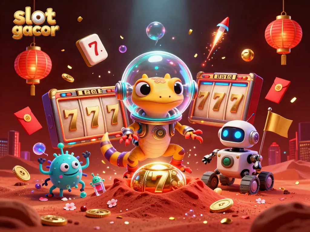 Experience luck with slot gacor in this vibrant Martian casino adventure illustration.