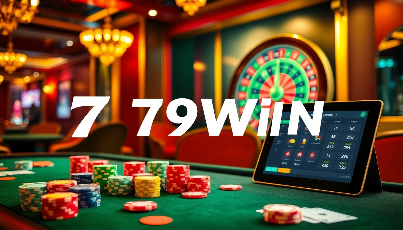 Engaging casino experience showcasing 789Win poker chips and roulette wheel in a luxurious setting.