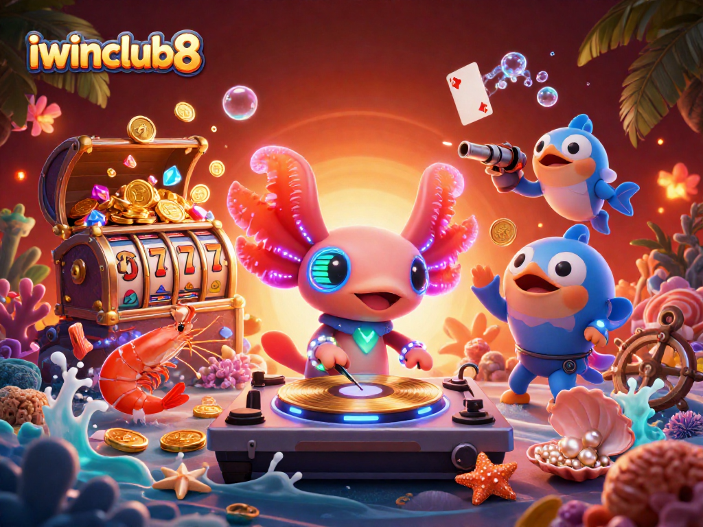 Experience thrilling slots with iwinclub8 featuring vibrant axolotl DJ and treasure galore!