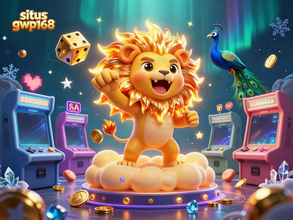 Bermain slot dengan slot gacor situs gwp168, dikelilingi mesin arcade berwarna-warni dan elemen kasino.