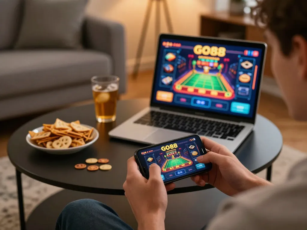 Player strategizing on the GO88 app in a cozy home setting, engaging with dynamic gaming.