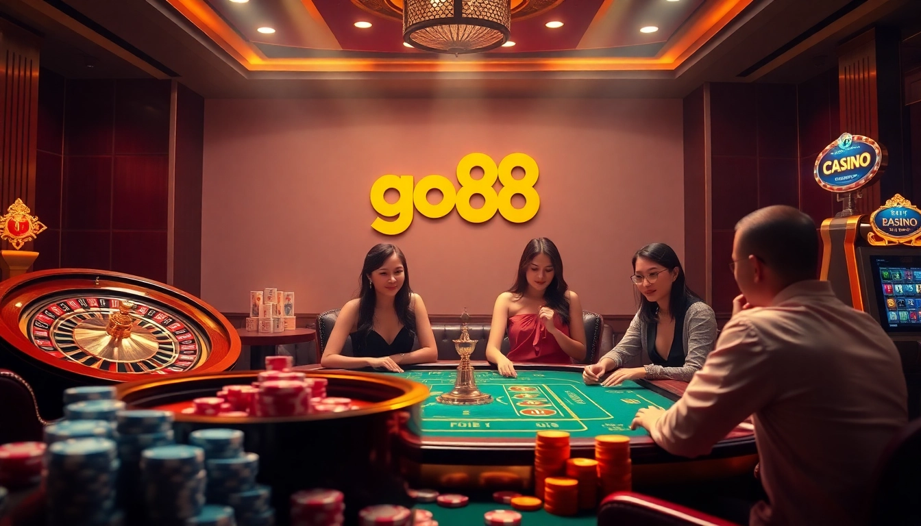 Experience thrilling gameplay with go88 at an elegant casino filled with vibrant roulette and poker elements.