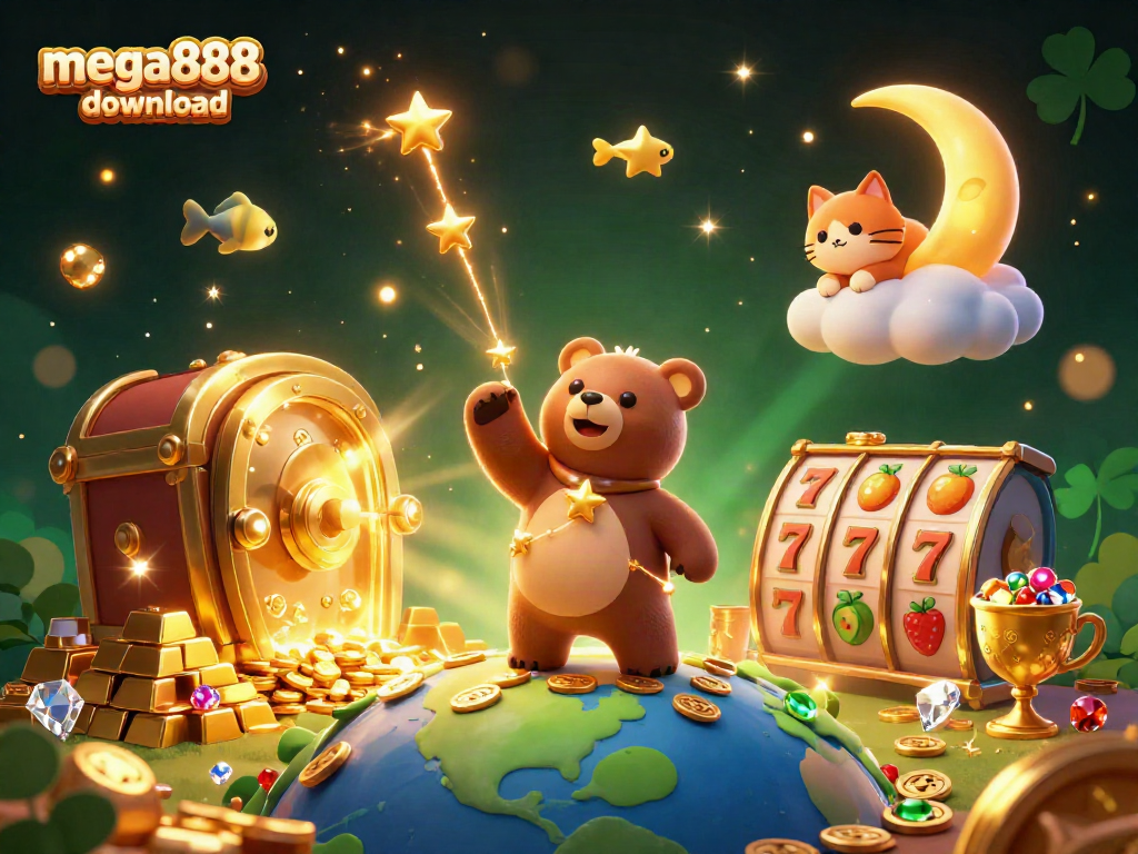 Experience the excitement of the mega888 download with a dynamic casino-themed illustration.