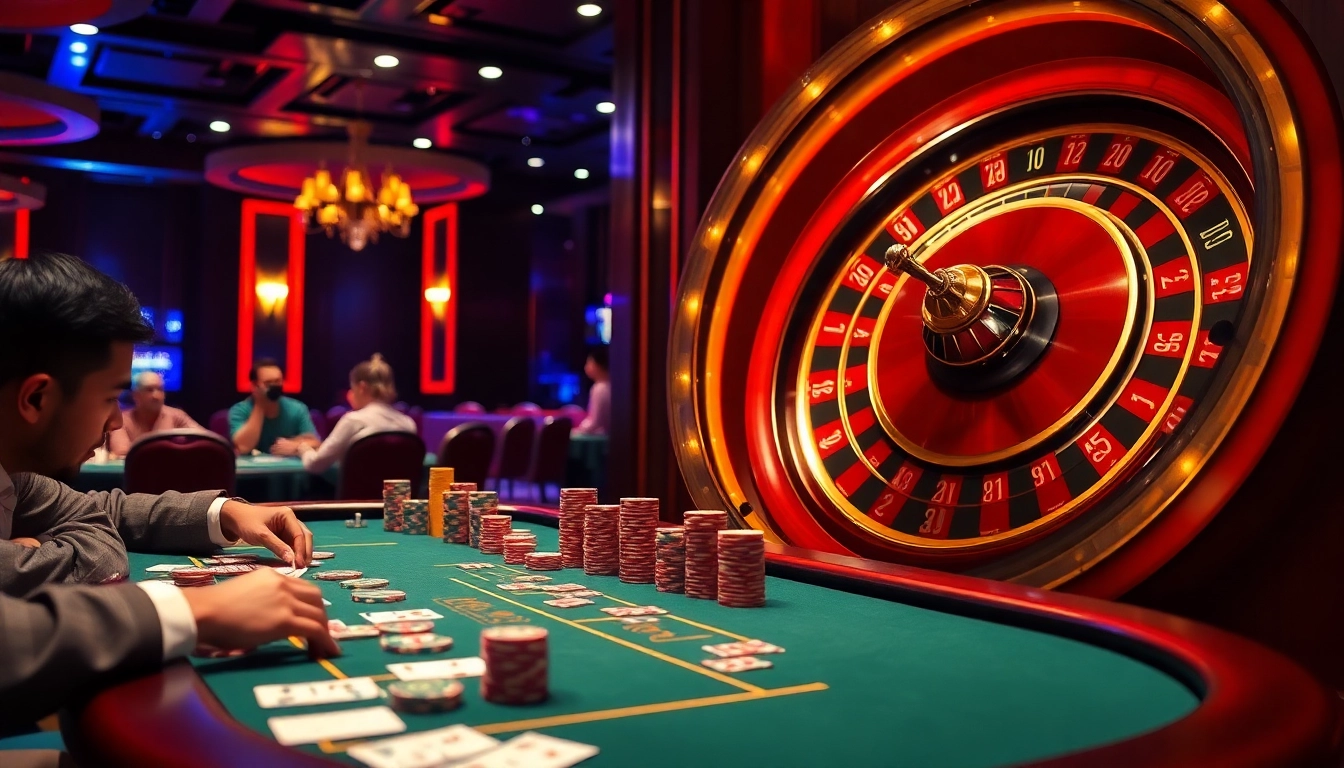 Engage in thrilling gameplay at https://rr88co.net/ with a vibrant casino atmosphere featuring poker and roulette tables.