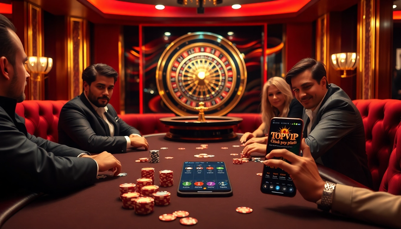 TOPVIP casino players engaging at a high-stakes poker table with dynamic gaming elements.