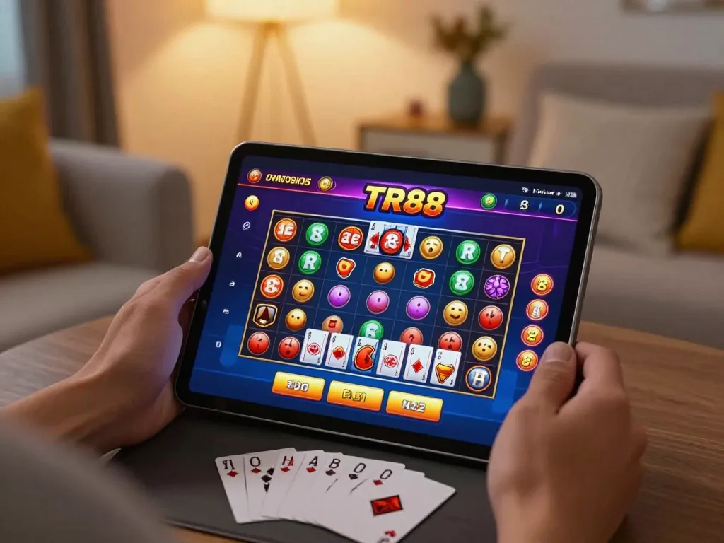 Explore TR88 in an engaging online casino scene with dynamic gameplay on a tablet from a cozy home.