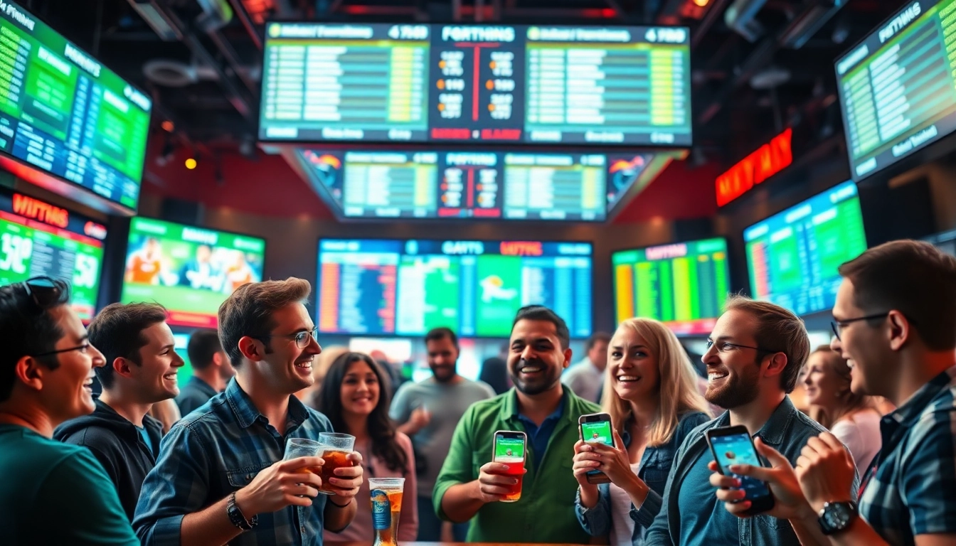 Bettors excitedly engaging in sports betting at a lively sportsbook with live odds screens