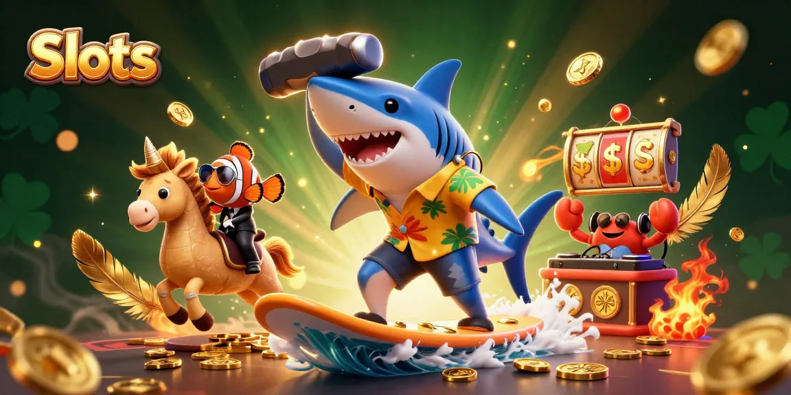 Experience thrilling Slots action with 3D characters surfing on gold coins amid vibrant casino symbols.