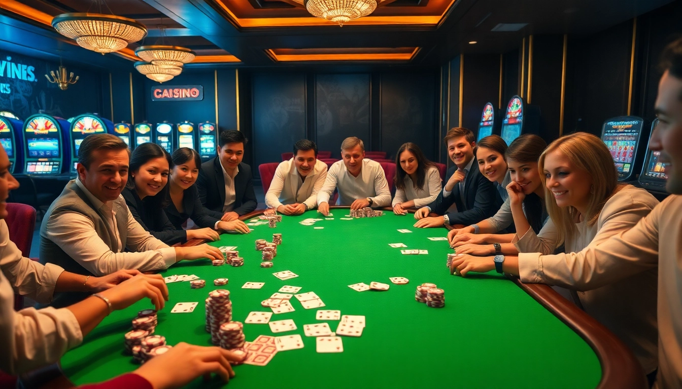 Hitclub players strategizing at a luxury poker table with chips and cards.