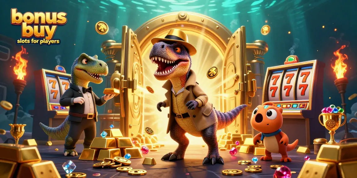 Engage with bonus buy slots for UK players featuring a velociraptor card counter in a vibrant, detailed casino scene.