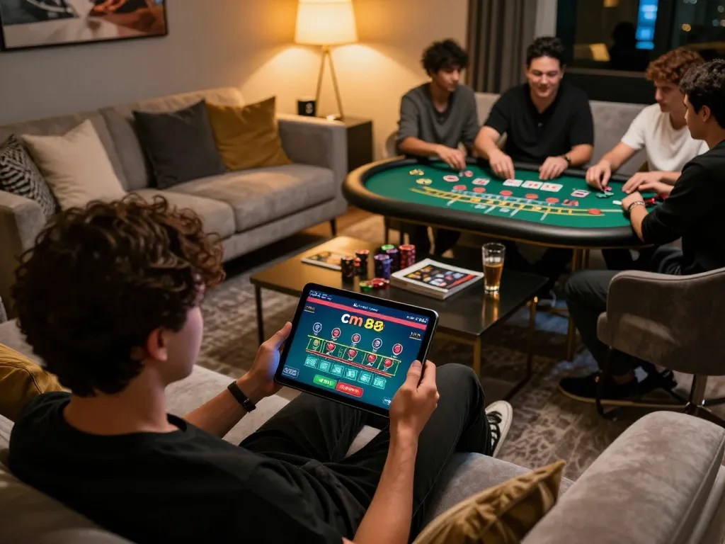 Person playing cm 88 live blackjack on tablet at home, illustrating online gambling strategy.