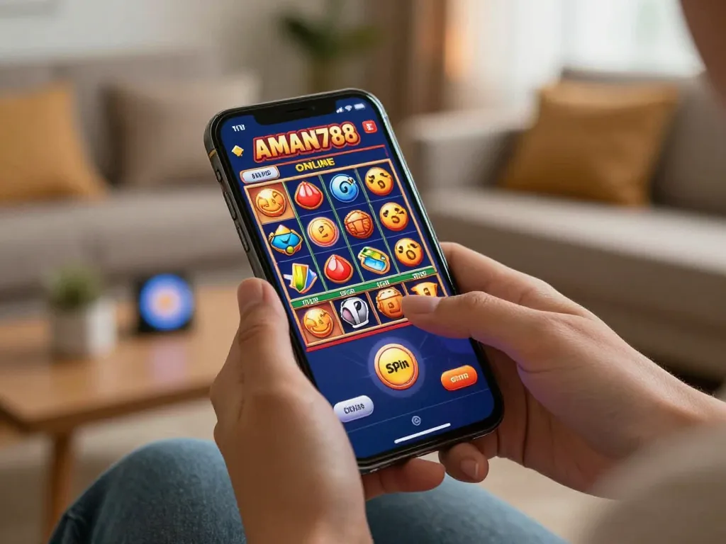 Bergembira dengan slot online AMAN788, seorang pemain dengan antusias memutar gulungan di perangkat seluler mereka di lingkungan rumah yang nyaman.