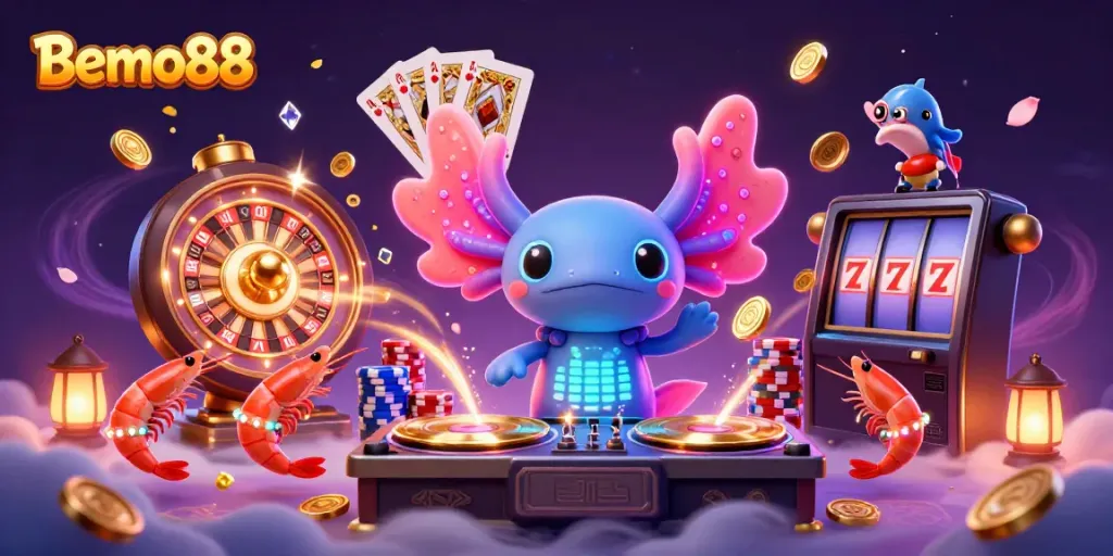 Experience the vibrant Bemo88 casino adventure with a neon axolotl DJ spinning amidst golden coins and game elements.