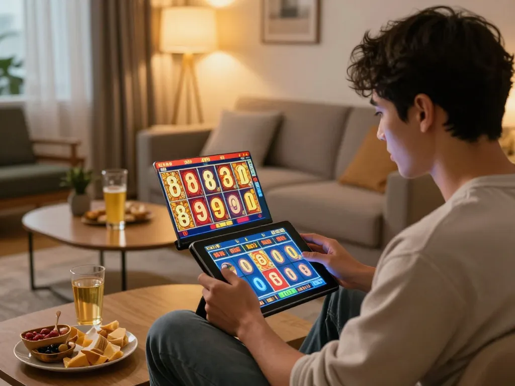 Engaging in slot online gameplay on a tablet at home, showcasing excitement and strategy in a modern setting