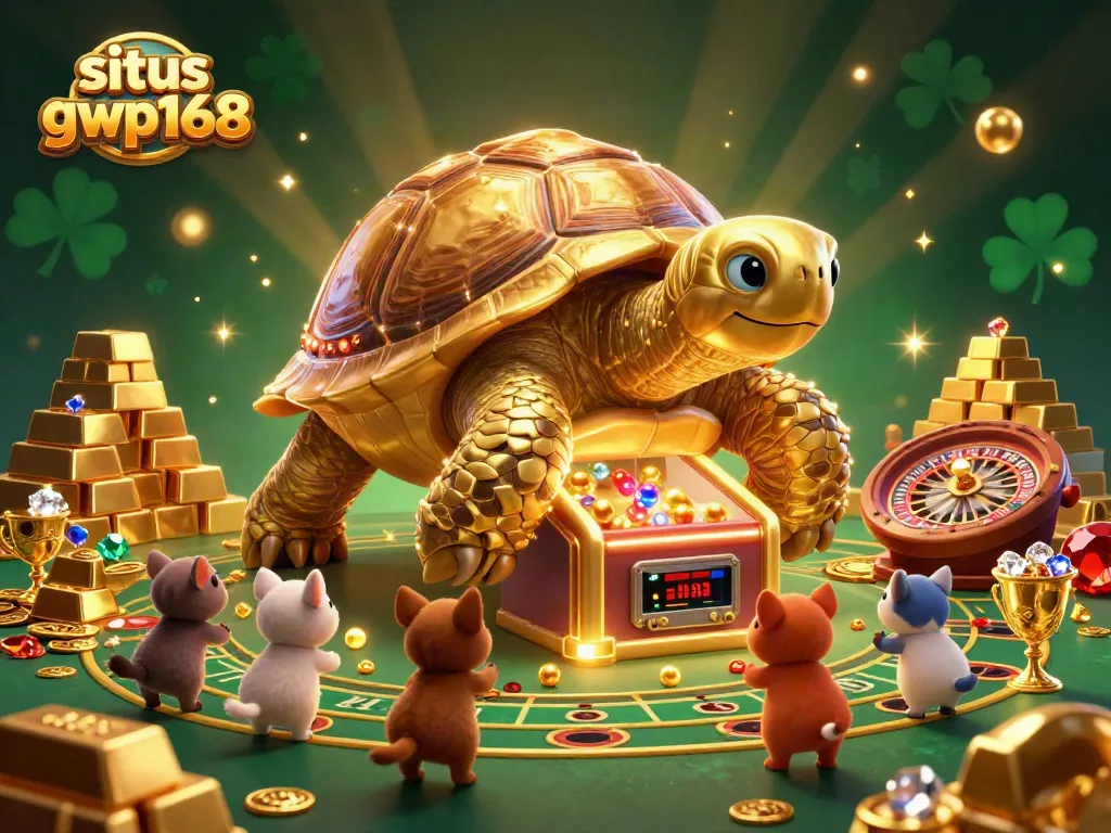 Permainan interaktif situs gwp168 dengan tortoise emas dan elemen kasino yang memikat.