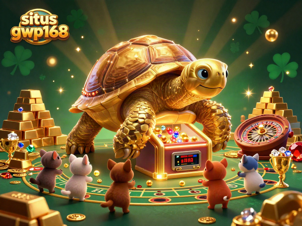 Permainan interaktif situs gwp168 dengan tortoise emas dan elemen kasino yang memikat.