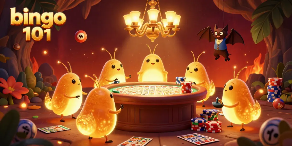 Engage with bingo 101 in a vibrant 3D illustration featuring glowworms and a bat dealer illuminating a lively casino.