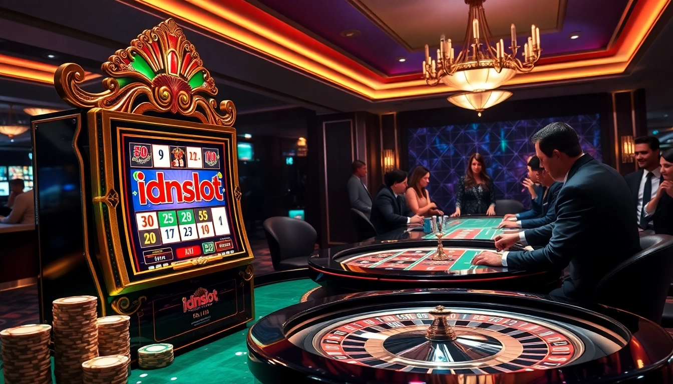Exciting casino scene showcasing idnslot branding with slot machines, poker chips, and engaging players.