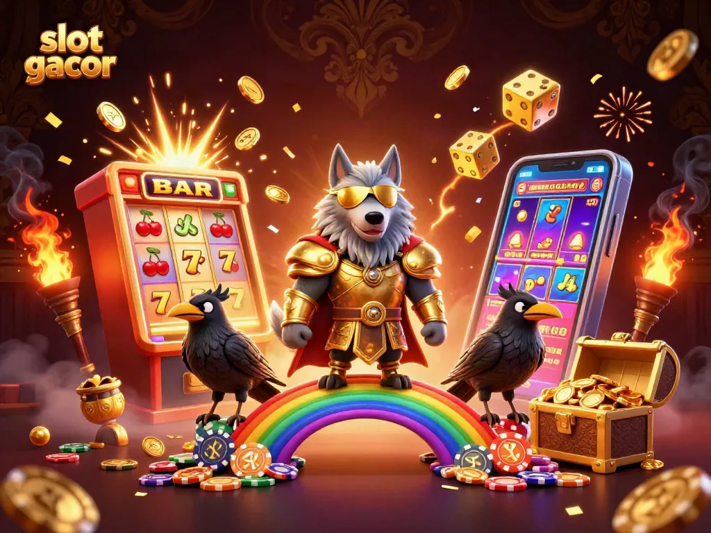 Menangkan jackpot di slot gacor dengan ilustrasi kasino berwarna-warni penuh energi dan detail menarik.