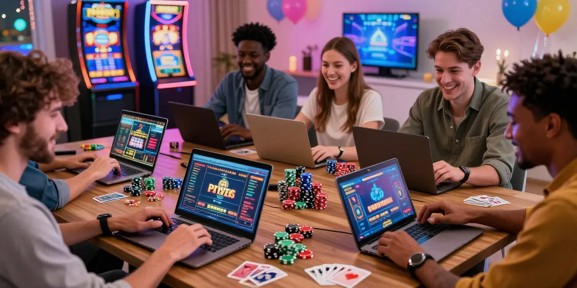 Players experiencing non UKGC casinos at home with laptops, vibrant atmosphere, and gaming excitement.