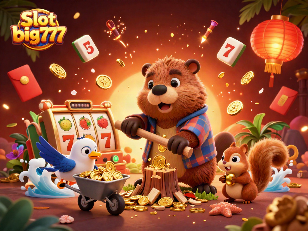 Engage with Slot gacor big777 in a vibrant casino scene with a beaver, bird, and squirrel collecting golden coins.