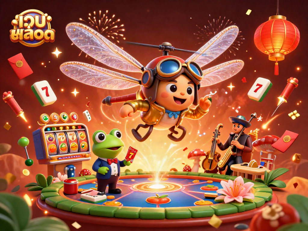 Engage with เว็บสล็อต in vibrant 3D casino illustration featuring a dragonfly pilot, frog croupier, and jazz musicians.
