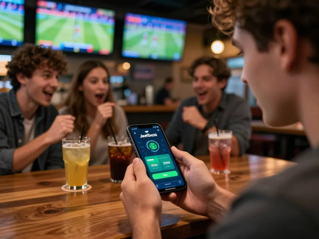 Using the Jeetbuzz App for betting on sports in a lively bar setting with friends.