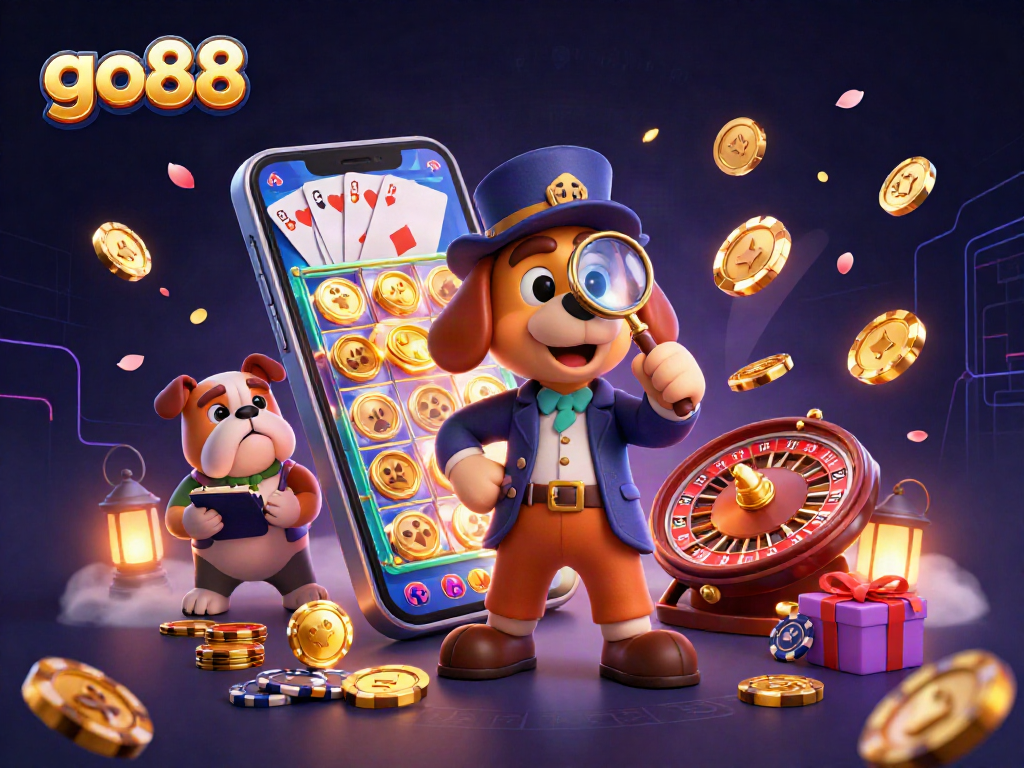 Win with go88 as the detective uncovers treasure clues in a vibrant casino scene.